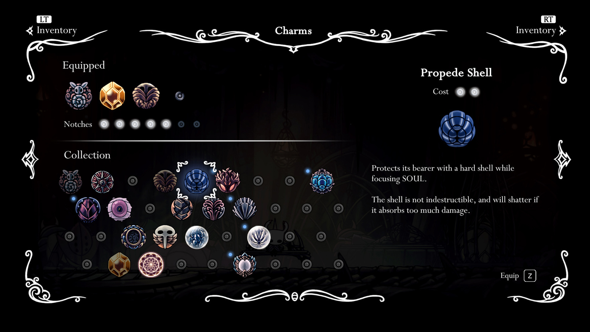 Il menù di equipaggiamento Charms di Hollow Knight